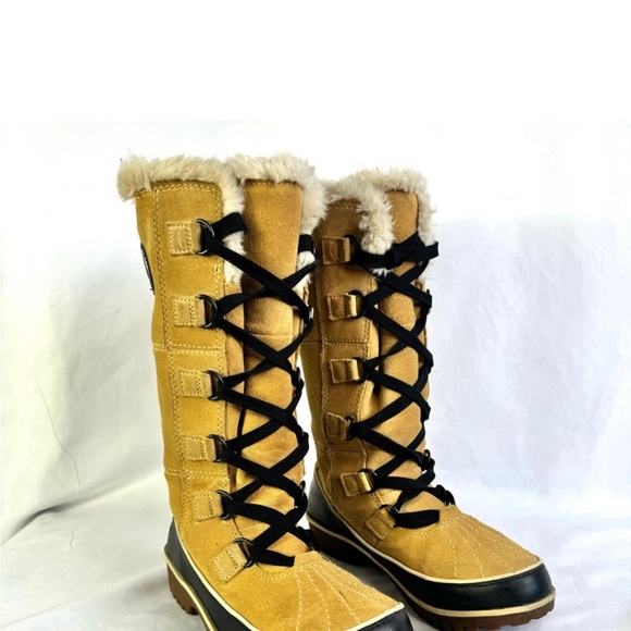 SOREL TIVOLI HIGH WATERPROOF TAN LEATHER BOOTS TALL WINTER LACE UP BOOT FAUX FUR - Picture 2 of 7